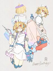  1girl armband belt blonde_hair boots braid camera closed_mouth coat collared_shirt double_v dress flower_wreath gloves happy_birthday head_tilt head_wreath headset highres holding holding_camera holding_syringe looking_at_viewer mechanical_legs multiple_views nurse_robot_type_t nurse_robot_type_t_(vocaloid6) off_shoulder orange_eyes orange_pantyhose pantyhose puffy_short_sleeves puffy_sleeves shirt short_hair short_sleeves sleeveless sleeveless_dress smile syringe tadanoco utau v vocaloid 