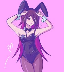  1girl anami_saki animal_ear_hairband animal_ears black_bow black_bowtie black_leotard bow bowtie breasts brown_eyes brown_hair brown_thighhighs detached_collar eggydgrp fake_animal_ears fishnet_pantyhose fishnets hairband highres leotard long_hair looking_at_viewer multicolored_hair original pantyhose pink_background pink_hair playboy_bunny rabbit_ear_hairband rabbit_ears solo strapless strapless_leotard thigh-highs tongue tongue_out two-tone_hair white_wrist_cuffs wrist_cuffs 