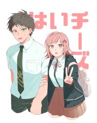  1boy 1girl :o animal_bag bag black_jacket black_pants brown_eyes cat_bag collared_shirt cropped_legs danganronpa_(series) danganronpa_2:_goodbye_despair dress_shirt green_necktie hair_ornament highres hinata_hajime illloo jacket miniskirt nanami_chiaki neck_ribbon necktie open_clothes open_jacket pants pink_bag pink_ribbon pleated_skirt ribbon shirt short_hair skirt teeth translation_request two-tone_shirt upper_teeth_only v white_background white_shirt 