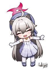  1girl :d absurdres animal_ears bare_shoulders bell beret blue_archive blue_hat blush chibi closed_eyes commentary_request dress elbow_gloves fang full_body gloves grey_hair grey_shoes hair_between_eyes halo hat highres jingle_bell long_hair michiru_(blue_archive) michiru_(dress)_(blue_archive) neck_bell pantyhose pleated_dress raccoon_ears raccoon_girl raccoon_tail shoes short_eyebrows shuni_valentine signature simple_background smile solo standing tail thick_eyebrows very_long_hair white_background white_dress white_gloves white_pantyhose 