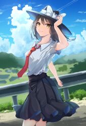  1girl black_hat black_skirt bow brown_hair clouds collared_shirt commentary_request day dinotodon grass grin hand_on_headwear hat hat_bow highres hill necktie red_necktie shirt shirt_tucked_in short_sleeves skirt smile solo touhou tree usami_renko white_bow white_shirt yellow_eyes 