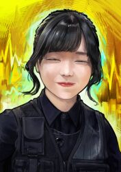  1girl absurdres aegyo_sal black_hair black_shirt black_vest clenched_teeth closed_eyes closed_mouth commentary girls_band_cry highres load_bearing_vest photo-referenced real_life rupa_(girls_band_cry) shirt short_hair shuri_(voice_actor) solo suru_(seiya) teeth untranslatable_commentary upper_body vest voice_actor voice_actor_connection 