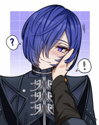  ! 1boy 1girl ? black_cloak blue_hair blush border cloak closed_mouth commentary_request hair_over_one_eye hand_on_another's_cheek hand_on_another's_face head_tilt looking_at_viewer motion_lines pov pov_hands promeia_(zenless_zone_zero) purple_background sanmoto_gorouzaemon smile spoken_exclamation_mark spoken_question_mark violet_eyes white_border wise_(zenless_zone_zero) zenless_zone_zero 