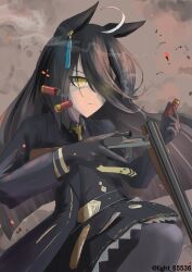  1girl ahoge ammunition animal_ears black_coat black_gloves black_hair black_pantyhose black_skirt coat collared_shirt ear_tag earrings gloves gun hair_between_eyes highres horse_ears horse_girl jewelry light_(light_65536) long_bangs long_hair long_hair_between_eyes long_sleeves manhattan_cafe_(creeping_shadow)_(umamusume) manhattan_cafe_(umamusume) multicolored_hair necktie pantyhose shirt shotgun shotgun_shell single_earring skirt solo umamusume weapon white_hair white_shirt yellow_eyes yellow_necktie 