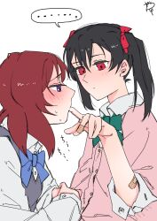  ... 2girls bandaid bandaid_on_arm bandaid_on_finger bandaid_on_hand black_hair blue_bow blue_bowtie blush bow bowtie closed_mouth collared_shirt commentary_request dress_shirt finger_in_another's_mouth green_bow green_bowtie grey_sweater_vest hair_between_eyes hair_bow highres long_sleeves love_live! love_live!_school_idol_project medium_hair multiple_girls nishikino_maki otonokizaka_school_uniform red_bow red_eyes red_hair school_uniform shirt signature simple_background spoken_ellipsis surfacedxxc sweatdrop sweater_vest three-quarter_sleeves twintails violet_eyes white_background white_shirt yazawa_nico yuri 