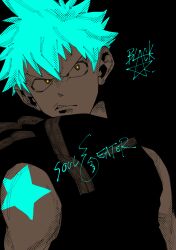  1boy arm_tattoo black_background black_star blue_hair character_name commentary_request hair_between_eyes high_collar highres larugo0513 male_focus parted_lips sharp_teeth simple_background sleeveless solo soul_eater spiky_hair star-shaped_pupils star_(symbol) symbol-shaped_pupils tattoo teeth upper_body 