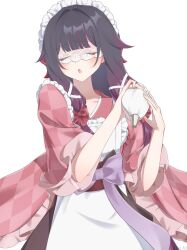  1girl alternate_costume apron black_hair blush bow check_clothing closed_eyes clothing_request columbina_(genshin_impact) commentary_request eye_mask frilled_hairband frills genshin_impact hair_bow hairband hands_up highres holding holding_pastry_bag japanese_clothes kimono kokoaji_(koko_aj1) long_hair long_sidelocks mask multicolored_hair open_mouth pastry_bag purple_hair red_bow red_kimono sidelocks simple_background solo white_apron white_background white_bow white_hairband 