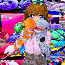  1girl ace_akira aqua_bow blue_eyes bow brown_hair brown_skirt closed_mouth commentary cowboy_shot hair_between_eyes hair_bow hair_ornament hand_puppet hands_up heart heart_hair_ornament highres looking_at_viewer original pink_shirt puppet shirt shirt_tucked_in short_sleeves skirt solo stuffed_animal stuffed_seal stuffed_shark stuffed_toy stuffed_turtle 