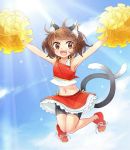  1girl alternate_costume animal_ears armpits arms_up bike_shorts blue_sky brown_eyes brown_hair cat_ears cat_tail cheerleader chen clouds ear_piercing fang ibarashiro_natou jewelry jumping looking_at_viewer midriff multiple_tails navel open_mouth piercing pom_poms red_shoes shirt shoes shorts_under_skirt single_earring skirt sky sleeveless sleeveless_shirt smile solo sunlight tail touhou 