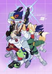  4boys animal_ears beak bird_boy black_gloves blue_feathers brown_fur brown_gloves falco_lombardi feathers fingerless_gloves fox_boy fox_ears fox_mccloud fox_tail frog_boy furry furry_male gloves grin gun highres holding holding_gun holding_weapon male_focus multiple_boys orange_fur peppy_hare purple_background rabbit_boy rabbit_ears rokuroku72 slippy_toad smile smirk star_fox tail weapon 