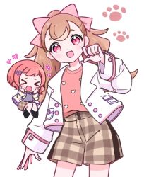  >_< 2girls :3 :d black_socks blue_sweater blush bow brown_hair brown_shorts chibi commentary_request cowboy_shot dot_nose double-parted_bangs hair_bow hand_up heart heart_print highres inukai_iroha inukai_komugi jacket kyu_(93q_q) lab_coat long_hair long_sleeves looking_at_viewer multiple_girls open_clothes open_jacket open_mouth paw_print pink_bow pink_eyes pink_shirt plaid_clothes plaid_shorts precure print_shirt red_hair shirt short_hair shorts siblings simple_background sisters smile socks sweater twintails white_background white_jacket wonderful_precure! xd 