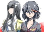  2girls black_hair blue_eyes epaulettes gacchahero hair_ornament hairclip highlights junketsu kill_la_kill kiryuuin_satsuki long_hair looking_at_viewer matoi_ryuuko multicolored_hair multiple_girls portrait redhead school_uniform senketsu serious shirt short_hair simple_background two-tone_hair uniform white_background 