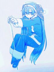  1girl boots cane closed_mouth commentary_request full_body hair_through_headwear hat hatsune_miku highres holding holding_cane invisible_chair jacket long_hair long_sleeves looking_at_viewer monochrome pants santa_costume santa_hat sitting solo tadanoco twintails very_long_hair vocaloid watermark 