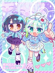  2girls :d :o absurdres animal_ear_fluff animal_ears asymmetrical_legwear black_hair black_shoes blue_necktie blue_shirt blunt_bangs blush brown_shoes character_request commentary_request dempagumi dog_ears dog_girl dog_tail fang full_body green_eyes green_hair heart highres holding_hands kneehighs long_sleeves multiple_girls necktie nemoto_nagi open_mouth outline pixelated pointing richard_(richaball) shirt shoes short_hair single_kneehigh single_sock single_thighhigh skin_fang smile socks sparkle standing standing_on_one_leg tail thigh-highs uneven_legwear white_outline white_socks yellow_eyes 