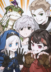  2girls 3boys :d absurdres black_eyes black_gloves black_hair blue_eyes brown_gloves brown_hair character_request colored_sclera commentary_request fingerless_gloves fingernails forehead_protector fuyuno_yuuki gloves green_eyes grey_hair grin hands_up highres lizardman looking_at_viewer meikyu_kuso_tawake multiple_boys multiple_girls nun_headdress open_mouth red_eyes smile stear yellow_sclera 