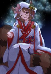  :3 :d alternate_costume animal_ears bell clothing_request commentary_request commission dinotodon dress flower futatsuiwa_mamizou hat hat_flower hat_ornament highres japanese_clothes large_tail leaf_hat_ornament long_dress long_sleeves medium_hair night obi one_eye_closed open_mouth purple_sash raccoon_tail reaching reaching_towards_viewer red_nails sash sitting sitting_on_own_tail skeb_commission sky smile star_(sky) starry_sky swept_bangs tail touhou white_dress wide_sleeves 