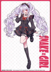  1girl 2025 absurdres argyle_background artistic_error asymmetrical_legwear black_dress black_headdress black_shoes black_socks border bow breasts buttons character_name chinese_zodiac choker commentary_request corset double-breasted dress frilled_dress frills garter_belt hair_intakes happy heart heart_button heart_o-ring heart_ring_choker highres jirai_kei kinoshita_aki kneehighs leg_up long_sleeves maid maid_headdress o-ring o-ring_choker o-ring_garter_belt open_mouth original outline platform_shoes red_border red_bow red_eyes red_outline red_trim ribbon-trimmed_dress ribbon_trim shoes single_kneehigh single_sock small_breasts snake_hair socks solo standing standing_on_one_leg tareme twintails white_background white_hair year_of_the_snake 