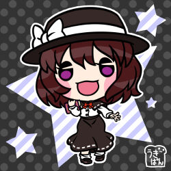  1girl black_capelet black_hat black_shoes black_skirt blush bow bowtie brown_hair capelet chibi chibi_only commentary_request full_body hat hat_bow long_sleeves looking_at_viewer lowres open_mouth polka_dot polka_dot_background red_bow red_bowtie ribbon-trimmed_capelet ribbon-trimmed_skirt ribbon_trim shirt shirt_tucked_in shoes signature skirt socks solo star_(symbol) touhou ukipan usami_renko violet_eyes white_shirt white_socks 