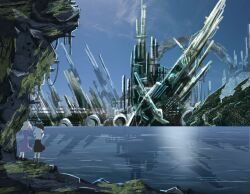  2girls absurdres architecture boots building commentary_request dinotodon dress hat highres maribel_hearn multiple_girls reflection rock scenery shoes skirt skyscraper touhou usami_renko water 