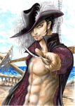 1boy abs absurdres black_hair close-up dracule_mihawk facial_hair foreshortening goatee hat high_collar highres jewelry knife long_sleeves looking_at_viewer male manly marlboro_(artist) muscle navel navel_hair one_piece open_clothes open_jacket pendant plume ringed_eyes shipwreck short_hair solo sword water weapon yellow_eyes 