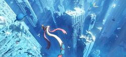  1girl asteroid_ill bubble building commentary_request diving_helmet dragonite from_above helmet highres milotic octillery pokemon pokemon_(creature) pokemon_focus remoraid ruins scenery sharpedo skyscraper submerged tentacruel underwater wailmer water wide_shot 
