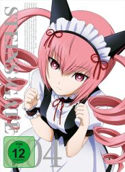  1girl akiha_rumiho animal_ear_hairband animal_ears anime_coloring artist_request belt cat_ears closed_mouth collar cover dress drill_hair dvd_cover fake_animal_ears frilled_collar frilled_hairband frilled_wrist_cuffs frills hairband high-waist_belt highres long_hair looking_at_viewer maid maid_headdress mayqueen_maid_uniform official_art paw_pose pink_eyes pink_hair puffy_short_sleeves puffy_sleeves red_ribbon ribbon ribbon-trimmed_collar ribbon-trimmed_corset ribbon-trimmed_hairband ribbon_trim science_adventure short_sleeves simple_background single_wrist_cuff smile solo square_pupils steins;gate twin_drills twintails upper_body white_background wrist_cuffs 