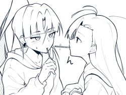  2girls ado_(utaite) ahoge blush commentary_request earrings food food_in_mouth greyscale highres hood hood_down hoodie jewelry long_hair merry_(ado) monochrome multiple_girls naima_(ado) nori_(norinori_yrl) pocky pocky_in_mouth ponytail readymade_(ado) sketch sweatdrop usseewa 