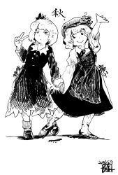  2girls aki_minoriko aki_shizuha apron arm_up barefoot blush_stickers closed_mouth commentary dated dirty dirty_feet dress full_body grape_hat_ornament greyscale hair_ornament highres holding_hands kokechankokko leaf leaf_hair_ornament long_sleeves looking_at_viewer maple_leaf monochrome multiple_girls shoes siblings sisters skirt smile socks toes touhou translation_request v 