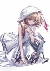  1girl absurdres ambience_synesthesia animal_ears arknights bare_shoulders blonde_hair blue_eyes chinese_commentary commentary_request diamond_(shape) dress full_body hair_between_eyes hand_up hierda_(arknights) highres hood hood_up learm_kokoyo looking_at_viewer lop_rabbit_ears parted_lips rabbit_ears rabbit_girl simple_background sitting sleeveless sleeveless_dress solo white_background white_dress 