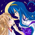  2girls blonde_hair blue_hair chin_grab copyright_name crescent_moon hairband harumokoko himemiya_chikane japanese_clothes jpeg_artifacts kannazuki_no_miko kurusugawa_himeko looking_at_another lowres miko moon multiple_girls oekaki parted_lips petals profile 