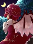  1girl back_cutout bare_back bird_wings closed_eyes crescent_moon dress forest hand_on_own_chest jagabutter juliet_sleeves long_sleeves mob_cap moon mystia_lorelei nature night open_mouth pink_hair puffy_sleeves short_hair singing solo touhou tree winged_hat 
