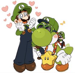  2boys backpack bag blue_eyes blue_overalls blush brown_hair brown_shoes colored_skin commentary dinosaur facial_hair full_body furry gloves green_hat green_shirt green_skin hat heart highres holding holding_stuffed_toy long_sleeves looking_at_another luigi luma_(mario) mimimi_(mimimim9999) multiple_boys musical_note mustache open_mouth overalls reptile_boy shell shirt shoes short_hair simple_background stuffed_toy super_mario_bros. surprised tail tail_wagging toy untranslatable_commentary white_background white_gloves yoshi 