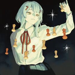  1girl artist_name bishop_(chess) board_game chess chess_piece collared_shirt darkness floating floating_object grey_hair hair_ornament hairclip highres holding holding_chess_piece ice_morinaka king_(chess) knight_(chess) medium_hair original pawn_(chess) queen_(chess) red_ribbon ribbon rook_(chess) shirt shirt_tucked_in simple_background skirt solo sparkle translation_request white_shirt yellow_eyes 