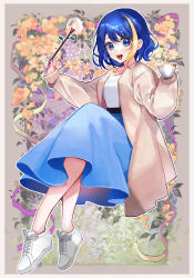 1girl banbanjiiiiiii blonde_streaks blue_eyes blue_hair blue_nails blue_skirt border brown_background brown_coat coat commission cup floral_background flower full_body highres holding holding_cup holding_wand invisible_chair jewelry knees_up long_skirt long_sleeves looking_at_viewer multicolored_hair necklace open_clothes open_coat open_mouth original shirt shoes short_hair single_hair_streak sitting skeb_commission skirt smile sneakers solo streaked_hair sugar_cube teacup teeth wand white_border white_shirt white_shoes yellow_flower 