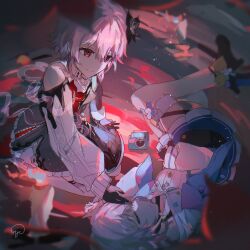  2girls absurdres bare_legs bare_shoulders black_dress black_gloves blue_skirt buttons camera closed_eyes detached_sleeves dress evernight_(honkai:_star_rail) flower gloves high_heels highres honkai:_star_rail honkai_(series) leaning_forward lying march_7th_(honkai:_star_rail) medium_hair miya_(ikanyaide) multiple_girls pink_hair red_eyes shirt signature skirt sleeping translation_request water white_shirt 