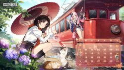 2026 2girls absurdres after_rain ahoge black_boots blue_sky boots braid brown_hair cat cat_teaser chiyo_(strinova) closed_eyes closed_mouth dangling dress flower gun hair_ribbon highres hydrangea japanese_clothes kanami_(dawn's_bloom)_(strinova) knee_boots lace-up_boots low_twin_braids multiple_girls official_art puddle railroad_tracks ribbon scarf sitting sky smile solo squatting standing strinova train twin_braids umbrella weapon yagasuri 
