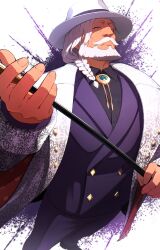  1boy absurdres beard black_shirt blue_eyes braid cane choco_(chocovix112) closed_mouth collared_shirt commentary_request dress_shirt facial_hair grey_hair hair_over_shoulder half-closed_eyes hat highres holding holding_cane jacket jp_(street_fighter) long_hair male_focus mustache open_clothes open_jacket pants purple_pants purple_vest shirt solo street_fighter street_fighter_6 thick_eyebrows vest white_hat white_jacket 