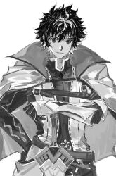  1boy armor bujianxishou cape charlemagne_(fate) fate/grand_order fate_(series) greyscale hand_on_hilt highres looking_at_viewer male_focus monochrome multicolored_hair open_mouth simple_background smile solo two-tone_hair upper_body white_background 