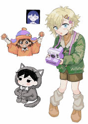  1girl 3boys alternate_costume alternate_hairstyle basil_(faraway)_(omori) basil_(omori) blonde_hair blue_eyes brother_and_sister camera chibi flower hair_flower hair_ornament hairclip highres holding holding_camera kel_(faraway)_(omori) kel_(omori) long_hair looking_at_viewer mari_(headspace)_(omori) mari_(omori) multiple_boys omori omori_(omori) sebon_(sebochin) short_hair siblings 