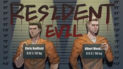  2boys albert_wesker blonde_hair brown_hair character_name chris_redfield commentary copyright_name english_commentary height_chart highres holding holding_sign imagine_(imagine7243618) jacket looking_at_viewer multiple_boys muscular muscular_male orange_jacket prison_clothes resident_evil resident_evil_5 shirt short_hair sign sleeves_rolled_up spotlight upper_body white_shirt 