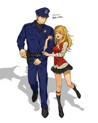  1boy 1girl arm_hug blonde_hair brown_hair closed_eyes different_shadow fate/strange_fake fate_(series) flat_escardos full_body genderswap genderswap_(mtf) hat highres jack_the_ripper_(fate/strange_fake) jacket kon8_no_niji long_hair pants police police_uniform shirt short_hair simple_background skirt smile standing standing_on_one_leg vest white_background 
