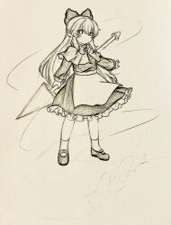  1girl absurdres apron bow bowtie capelet chinese_commentary commentary_request dress frilled_dress frills full_body hair_bow highres holding holding_polearm holding_weapon hourai_doll lance long_hair long_sleeves mary_janes polearm shoes socks touhou traditional_media very_long_hair waist_apron weapon wu_yu_wanwan 