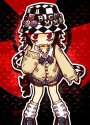  1girl akanbe animal_charm badge bag black_eyeshadow black_hair black_nails black_shoes blue_ribbon blue_skirt blush_stickers button_badge cardigan charm_(object) checkered_hat cross cross_earrings cross_necklace djkurara djkurara_various earrings english_text eyelid_pull eyeshadow fangs feet full_body gyaru hat hat_rope highres jewelry jitome knees knees_together_feet_apart looking_at_viewer loose_socks makeup miniskirt multicolored_hair nail_polish naughty_face neck_ribbon necklace open_clothes open_shirt pin red_eyes red_hair ribbon school_bag school_uniform shoes silver_earrings silver_necklace skin_fangs skirt socks solo streaked_hair stuffed_animal stuffed_cat stuffed_toy tattoo teeth tongue tongue_out two-tone_hair white_socks yellow_cardigan 