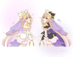  1girl 2v_iil3 antenna_hair black_capelet black_dress blonde_hair capelet closed_mouth cure_arcana_shadow diamond_hairband dot_mouth dress finger_to_own_chin frilled_capelet frills from_behind gradient_hair hair_intakes heart highres long_hair looking_at_viewer looking_back magical_girl meitantei_precure! moria_luluka multicolored_hair multiple_forms multiple_views pink_eyes pink_hair precure purple_veil smile solo veil very_long_hair white_capelet white_dress 