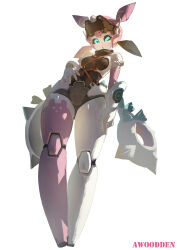  1girl absurdres aria_(zenless_zone_zero) artist_name awoodden bow breasts commentary english_commentary full_body gloves green_eyes heart highres humanoid_robot joints looking_at_viewer one_eye_closed open_mouth robot robot_girl robot_joints simple_background small_breasts solo white_background zenless_zone_zero 