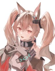  1girl :d alternate_breast_size_(larger) angelina_(arknights) animal_ear_fluff animal_ears arknights arknights:_endfield black_gloves bracelet breasts brown_hair coat commentary_request diamond-shaped_pupils diamond_(shape) dot_nose double-parted_bangs dress drill_hair drill_sidelocks elbow_gloves fox_ears fox_girl gilberta_(arknights) gloves grey_dress hair_between_eyes headgear high_collar highres impossible_clothes impossible_dress infection_monitor_(arknights) jewelry large_breasts long_hair looking_at_viewer off_shoulder open_clothes open_coat raised_eyebrows red_coat red_eyes shirakawa420 sidelocks simple_background sleeveless sleeveless_dress smile solo steepled_fingers symbol-shaped_pupils twintails upper_body white_background 