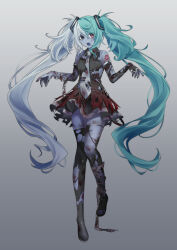  1girl absurdres arm_tattoo bandages black_boots black_dress blood blood_on_bandages blue_eyes blue_hair blue_tongue boots colored_skin colored_tongue commentary_request dress frilled_dress frills full_body gloves goth_fashion gradient_background grey_background grey_necktie grey_skin hair_ornament hatsune_miku heterochromia highres horror_(theme) jewelry kinoshita_aki layered_dress messy_hair multicolored_hair necktie open_mouth outstretched_arms red_eyes silver_thighlet simple_background sleeveless sleeveless_dress solo tattoo teeth thigh_boots thighlet tie_clip torn_boots torn_clothes torn_dress torn_gloves two-tone_hair vocaloid white_hair zombie zombie_(vocaloid) zombie_pose 