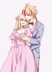  1boy 1girl aanie_einaa ahoge blonde_hair blue_eyes blush bow bowtie braid braided_ponytail cowboy_shot dress fate/strange_fake fate_(series) flower glasses grey_background hair_flower hair_ornament highres holding_hands jacket long_hair medium_hair multicolored_hair open_mouth red_eyes red_streaks richard_i_(fate) sajou_ayaka_(fate/strange_fake) shirt simple_background single_braid smile streaked_hair 