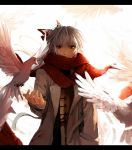  1girl alternate_costume backlighting bird bow fancybetty fujiwara_no_mokou hair_bow hand_in_pocket letterboxed long_sleeves looking_at_viewer open_clothes open_coat pigeon red_eyes scarf silver_hair smile solo touhou 