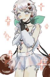  +_+ 1girl absurdres aqua_skirt arm_warmers cherry cherry_hair_ornament cowboy_shot food food-themed_hair_ornament fruit fruit_hair_ornament gloves hair_ornament highres magical_girl mahou_shoujo_ikusei_keikaku mahou_shoujo_ikusei_keikaku_jokers midriff navel prism_cherry see-through_clothes short_hair single_arm_warmer skirt smile solo sushi_painapoon white_arm_warmers white_hair 